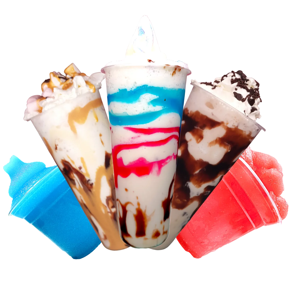 Three SNO FLO soft serve cones with sauce and sprinkles