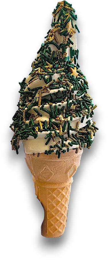 SNO FLO Bokke ice cream — soft serve cone coated in green and gold sprinkles