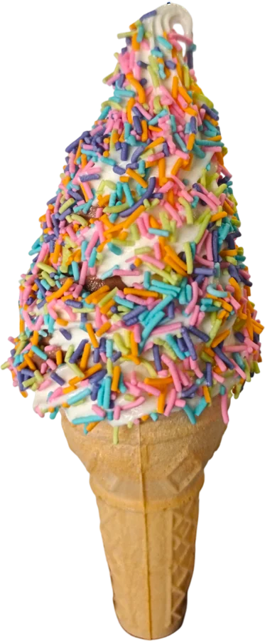 SNO FLO hero ice cream — soft serve cone coated in pastel rainbow sprinkles