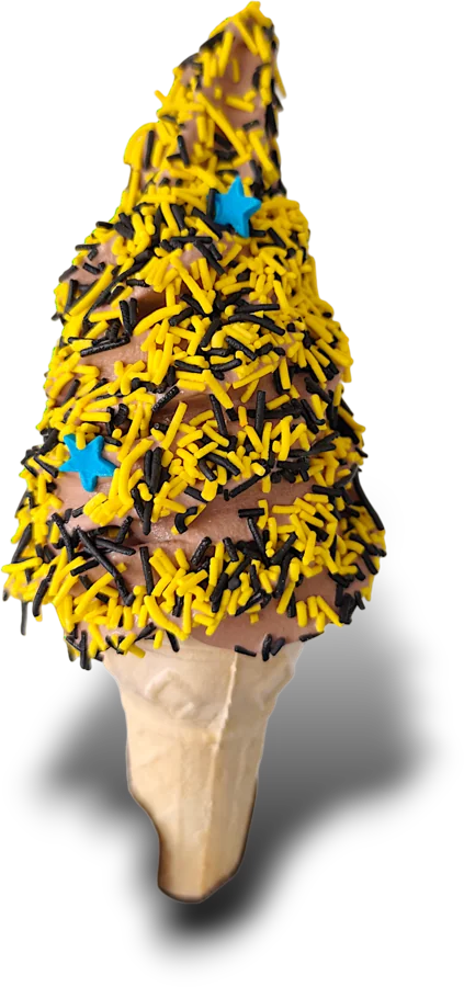 SNO FLO hero ice cream — soft serve cone coated in yellow and black sprinkles